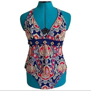 Navy Red Paisley Halter Tankini Womens Medium size 6 Bottom